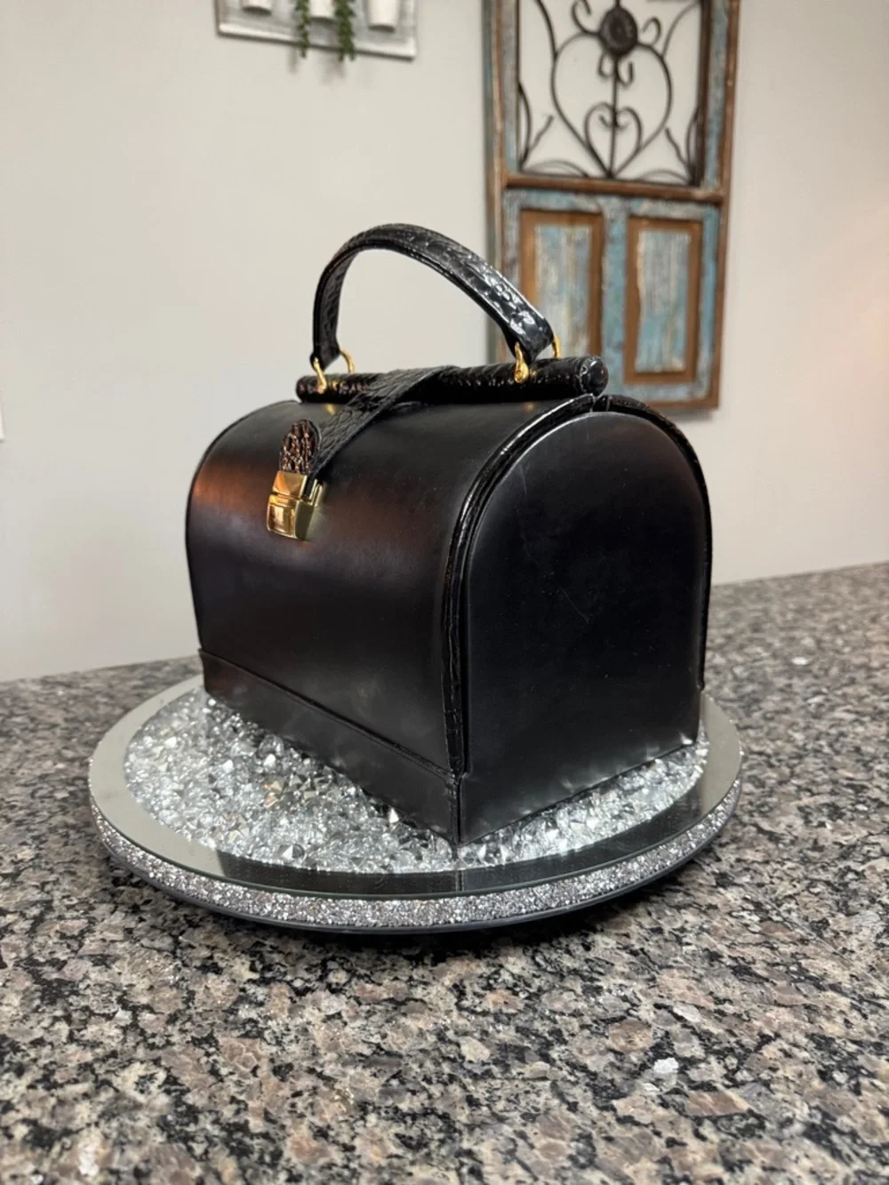 Black Structured Top-Handle Cosmetic Case with Gold Lock